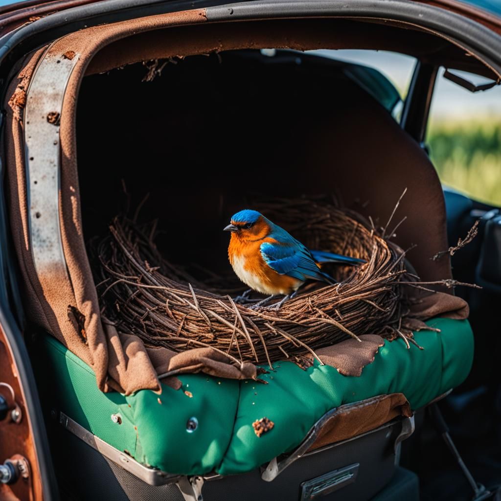 Bird's Nest in Rusted Car Interior