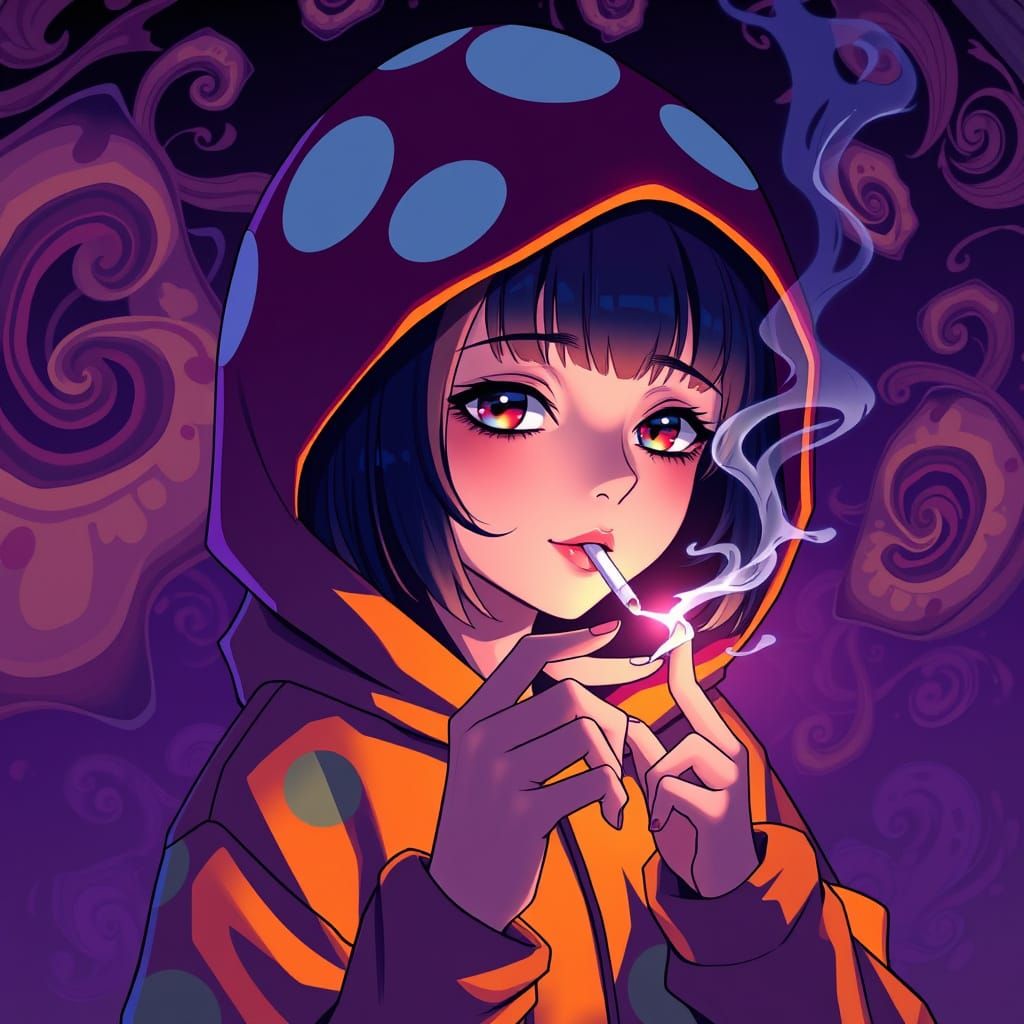 Girl in Vibrant Mushroom Hoodie Smokes Cigarette in Hypnotic...
