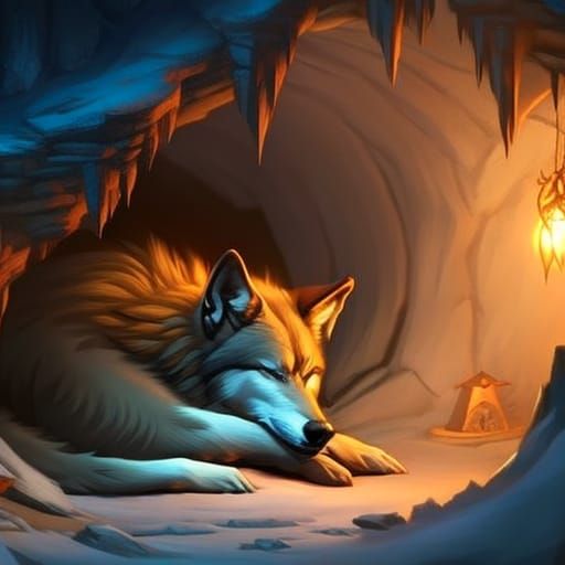 Sleeping Wolf in Cave with Cinematic Lighting