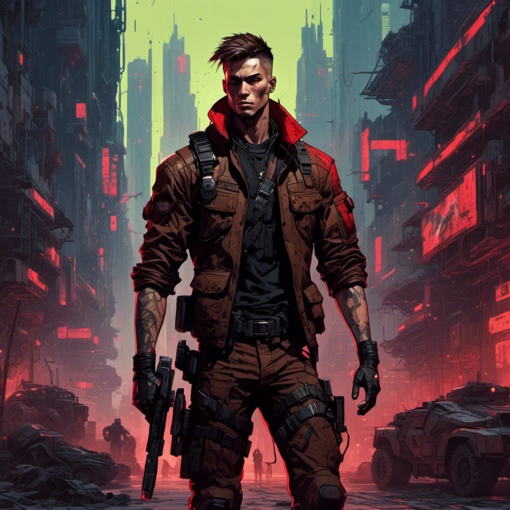 Rugged Soldier in Cyberpunk Fantasy Illustration