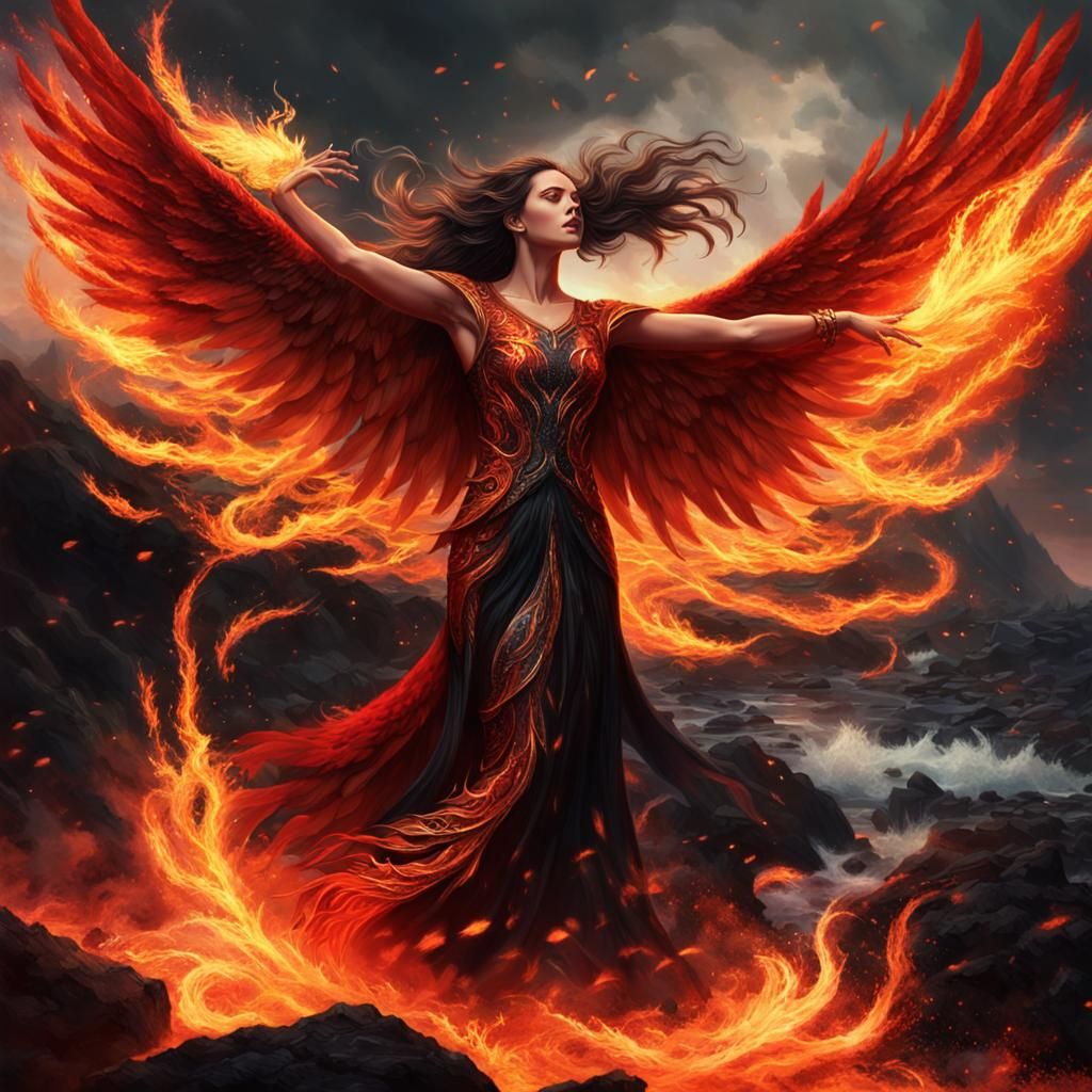 Phoenix Woman Arising from Fire in Detailed Realism