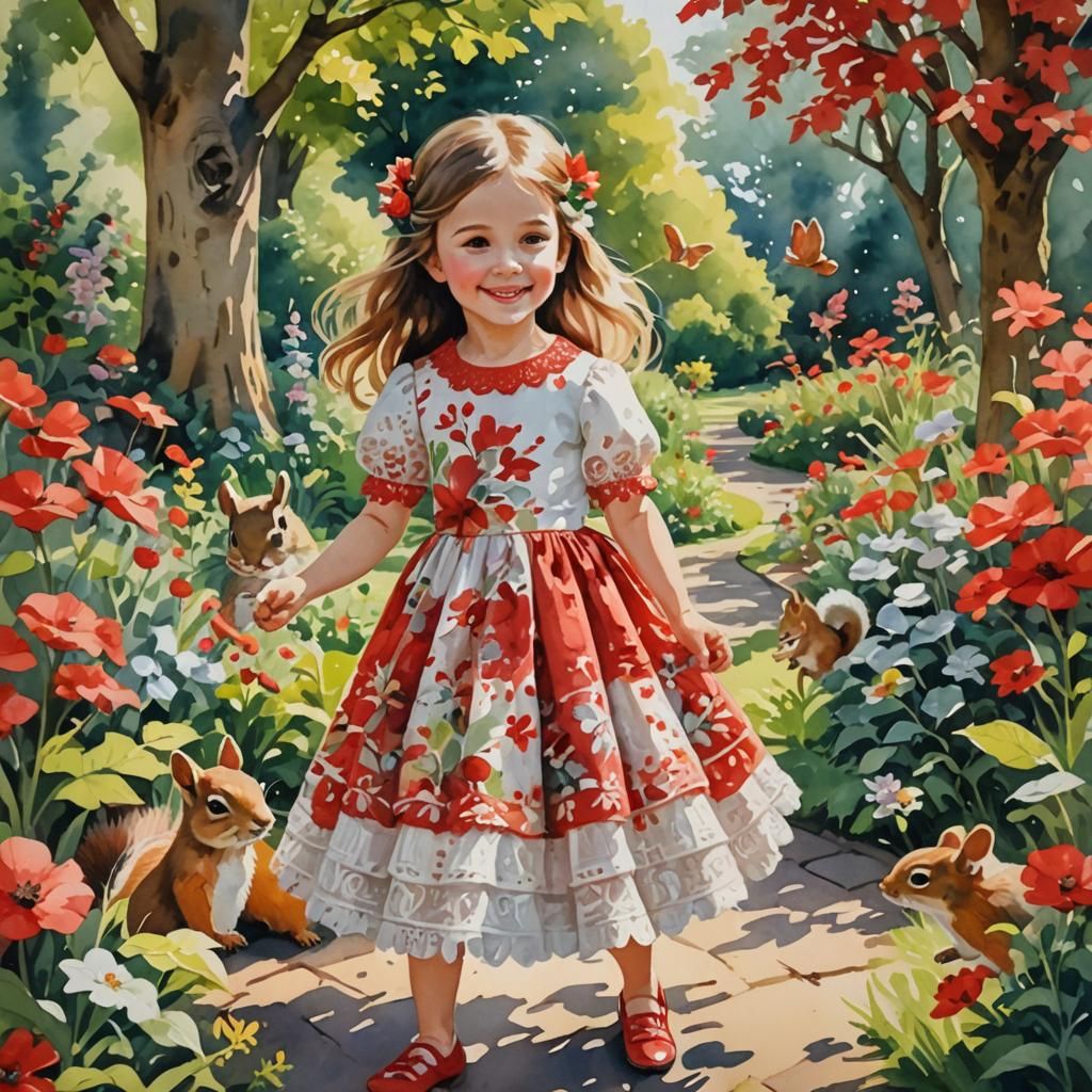 Girl in Garden: Gouache Watercolor Impression