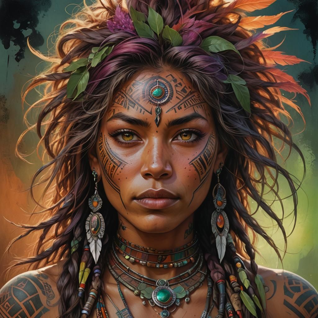 Vibrant Indigenous Woman with Tribal Tattoos