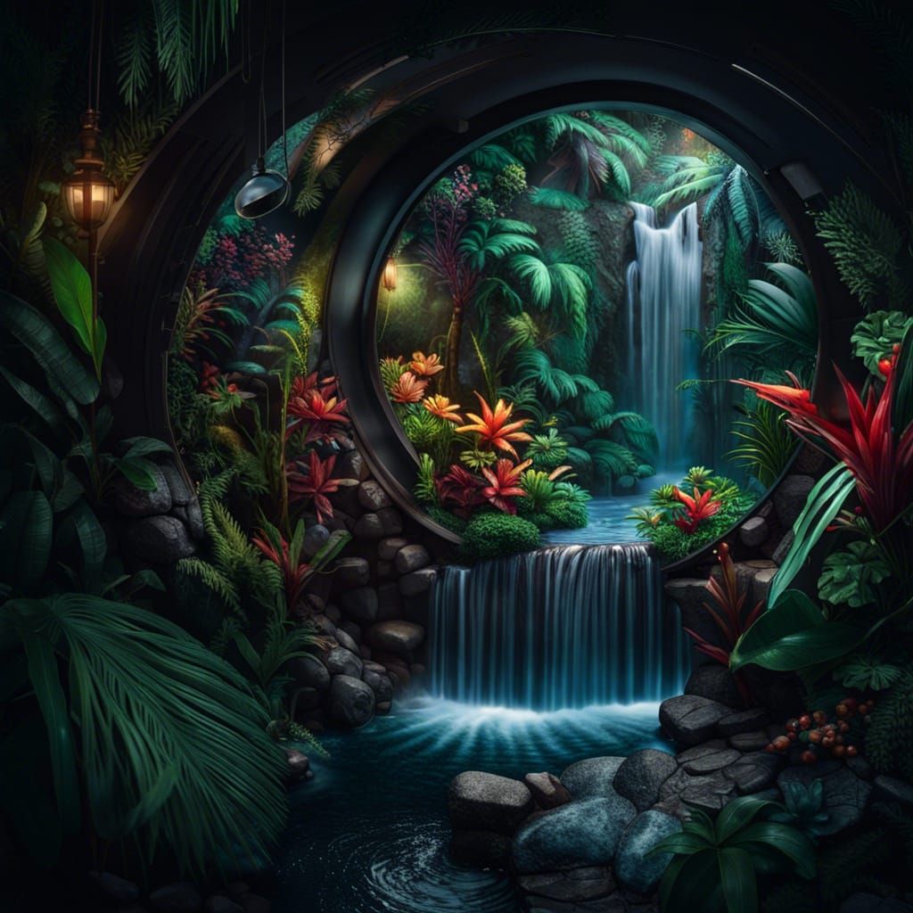 Lush Tropical Waterfall in Orb, Photorealistic Wildlife