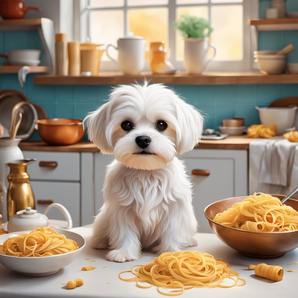 Whimsical White Maltese Surrounded by Pasta in a Vibrant Kit...