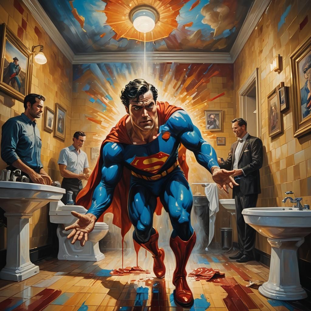 Superman cleaning bathroom in restaurant, God, entity, supre...