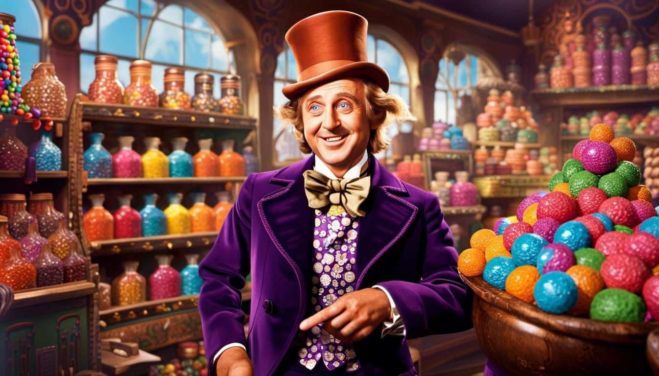 Laughing Willy Wonka with his everlasting gobstoppers and thousands of other perfect candies