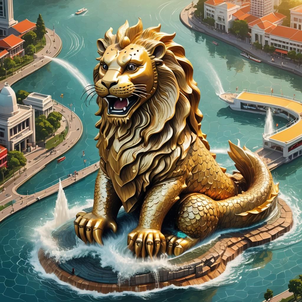 Singapore Merlion Statue on Stylized Map