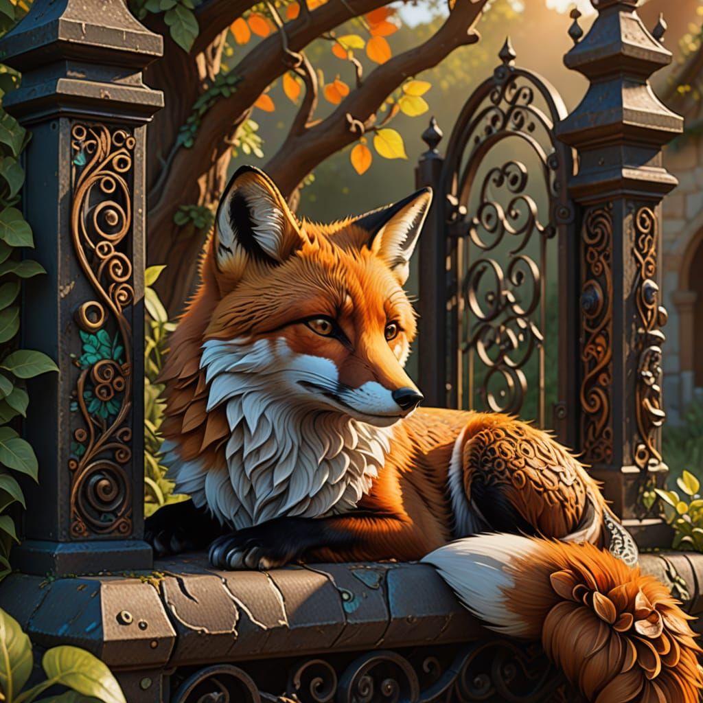 Relaxed Fox at Iron Gate in Fantasy Art Style