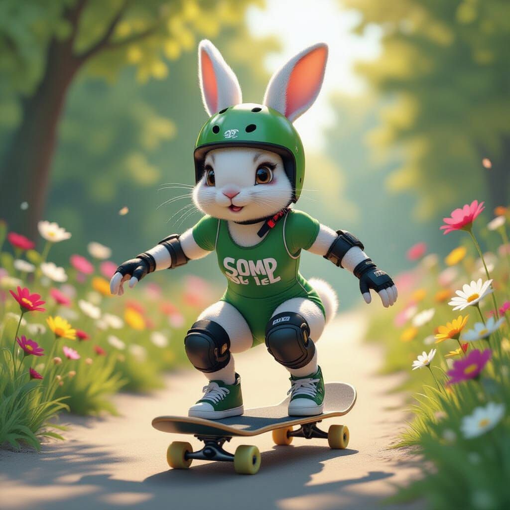 Rabbit Skateboarder on Flower Path in Realistic Style