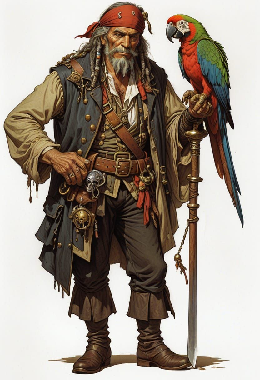 Heroic Pirate with Faithful Parrot Companion
