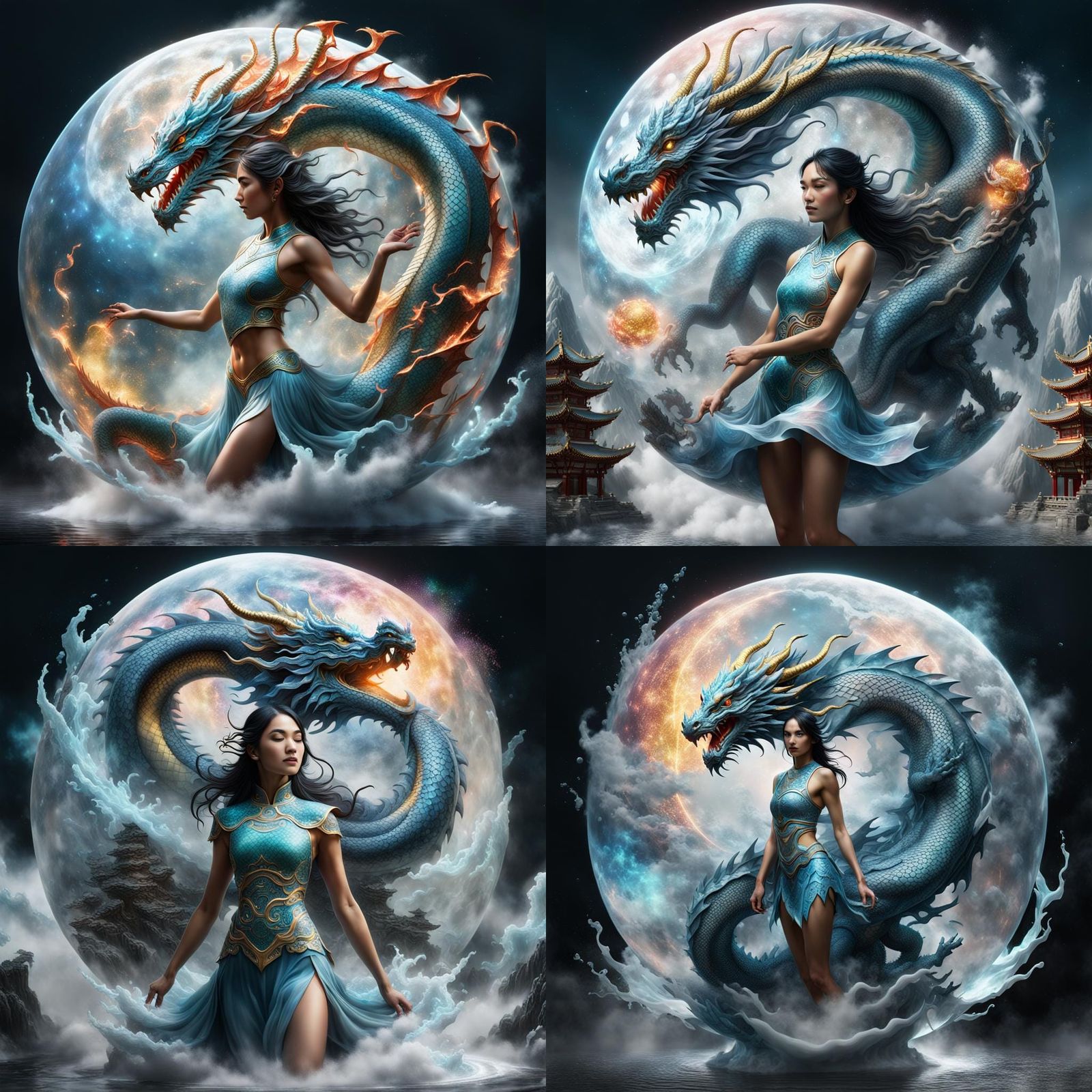 Lunar Dragon Protecting Girl: 3D Rendered Vinyl Art