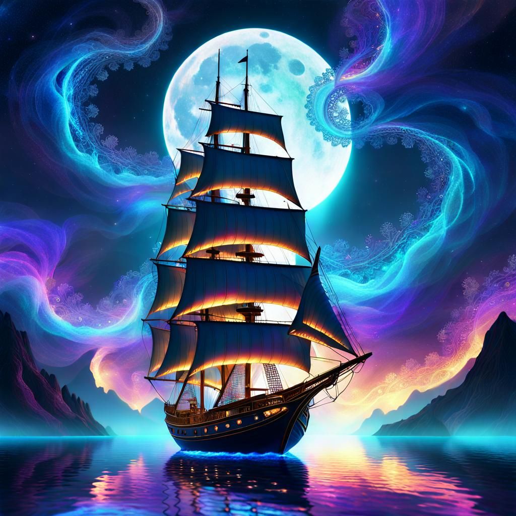 Elegant Sailboat Under the Moonlight in Scifi Style