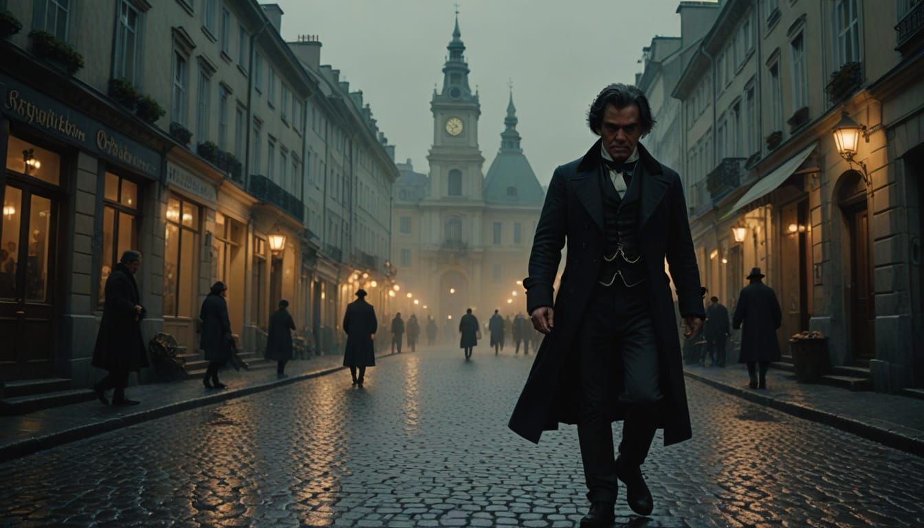 Beethoven Walks Wet Vienna Street in Chiaroscuro Light