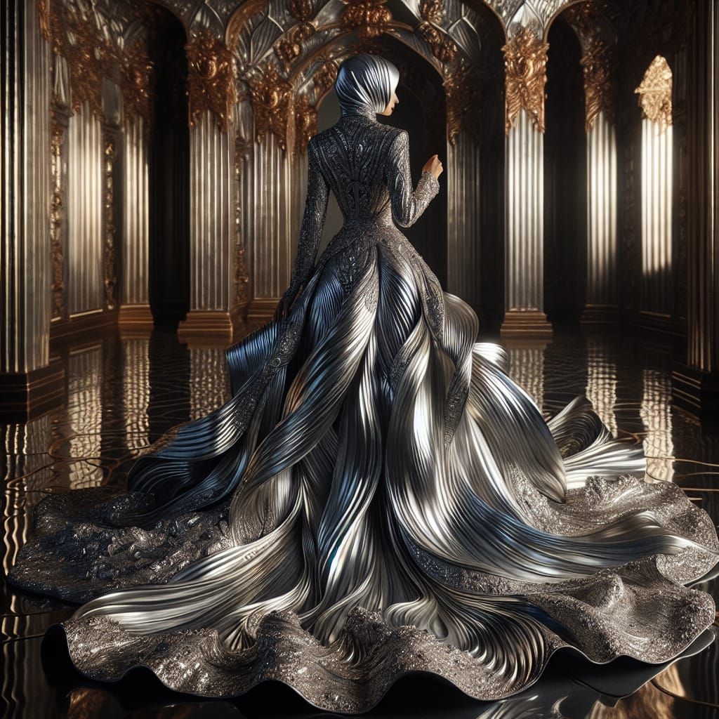 Elegant Art Deco Gown of Flowing Liquid Silver