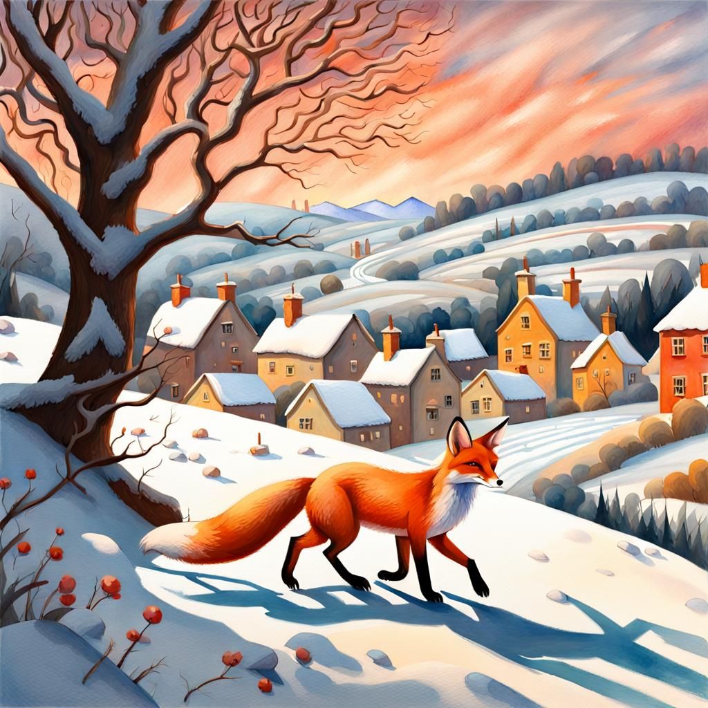 Fox in Snowy Village: Impressionist Gouache Painting