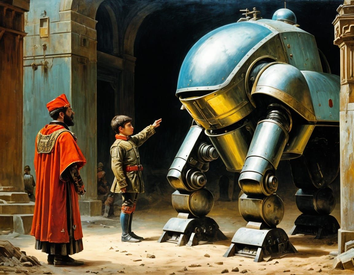 Mecha Soldier's Tender Moment: Realistic Digital Painting