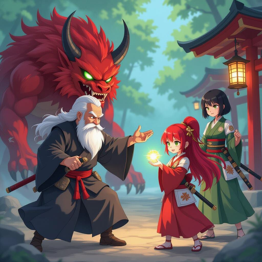 Monk and Warriors Battling Demon in Anime Style