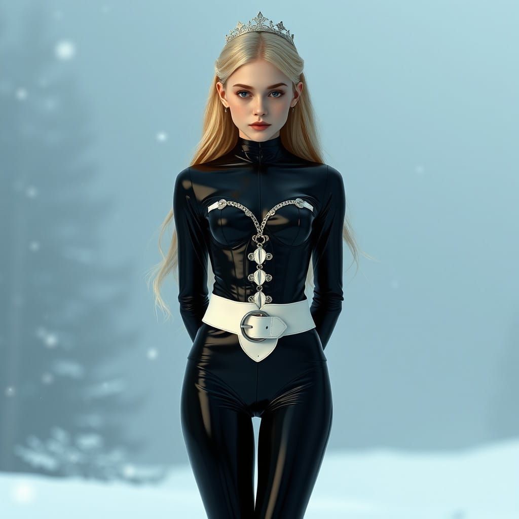 Elegant Blond Fantasy Figure in Black Latex Catsuit