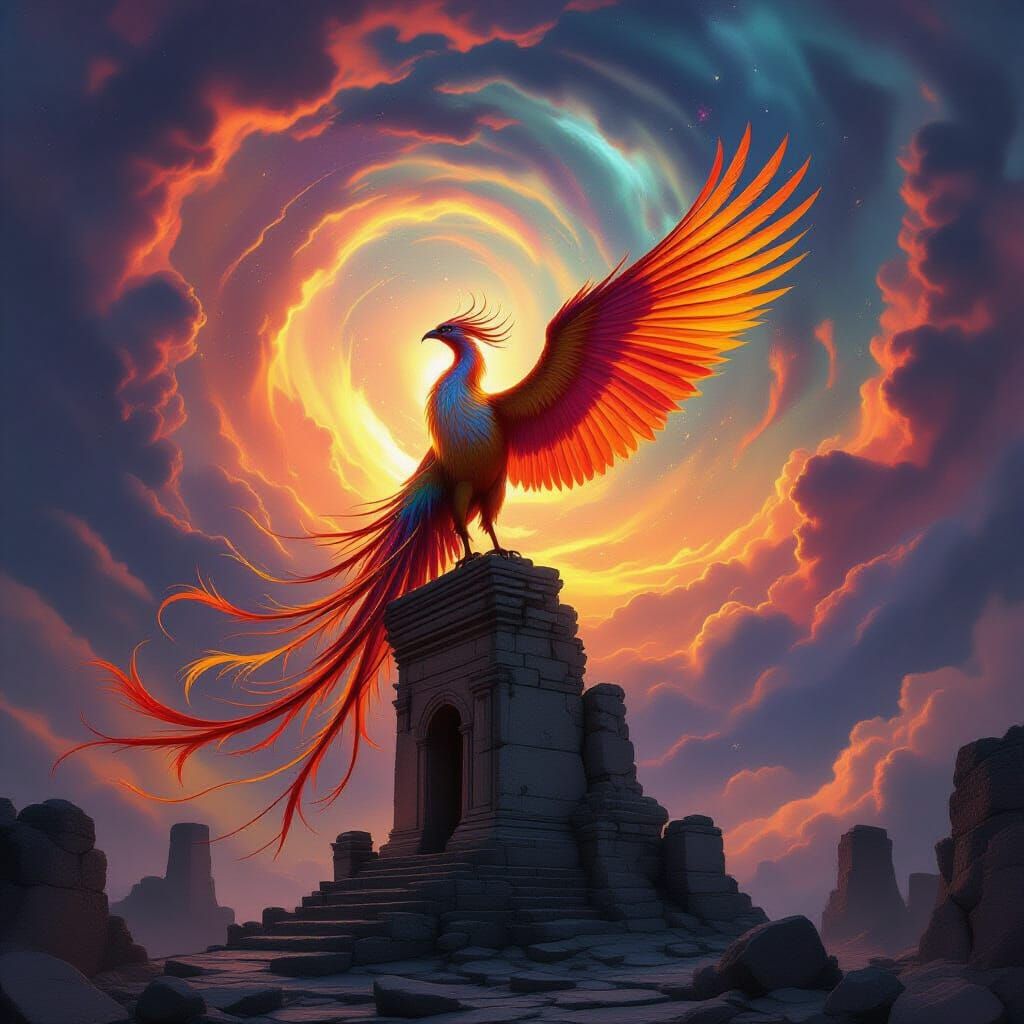 Majestic Phoenix Rests on Ancient Ruins in Cosmic Sky