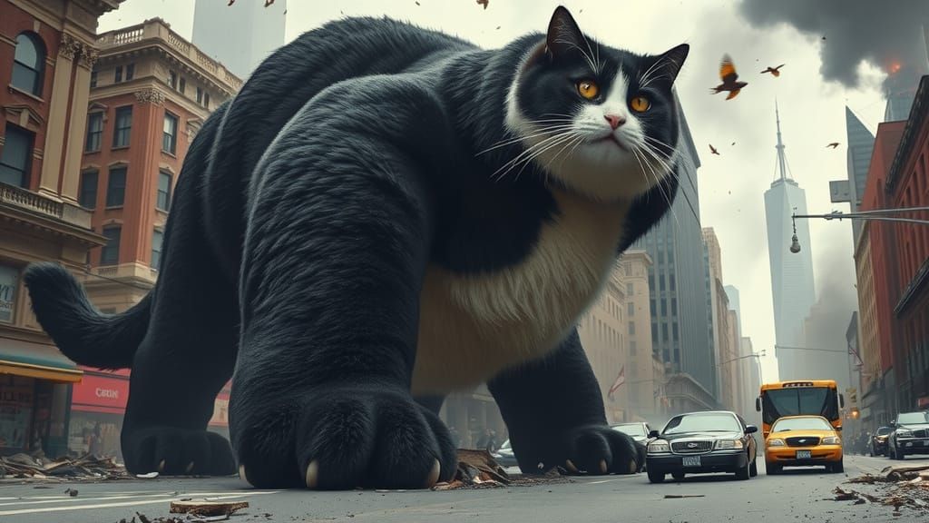 Gargantuan Tuxedo Cat Rampages Through City in Chaos