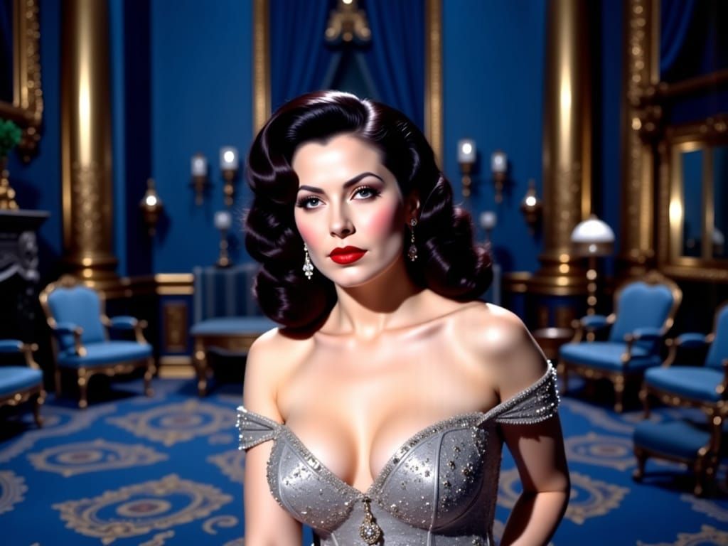 Elegant Woman in Silver Gown in Cobalt Parlor