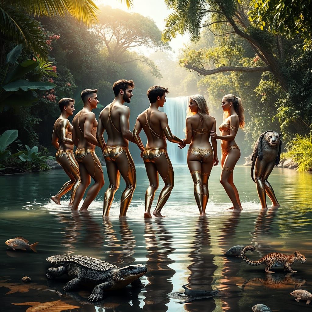 Tropical Jungle Scene with Dancing Figures in Golden Attire