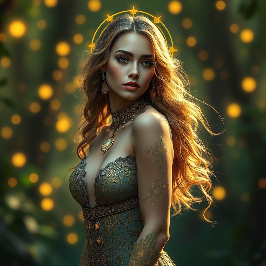 Ethereal Goddess with Glowing Gold and Green Patterns