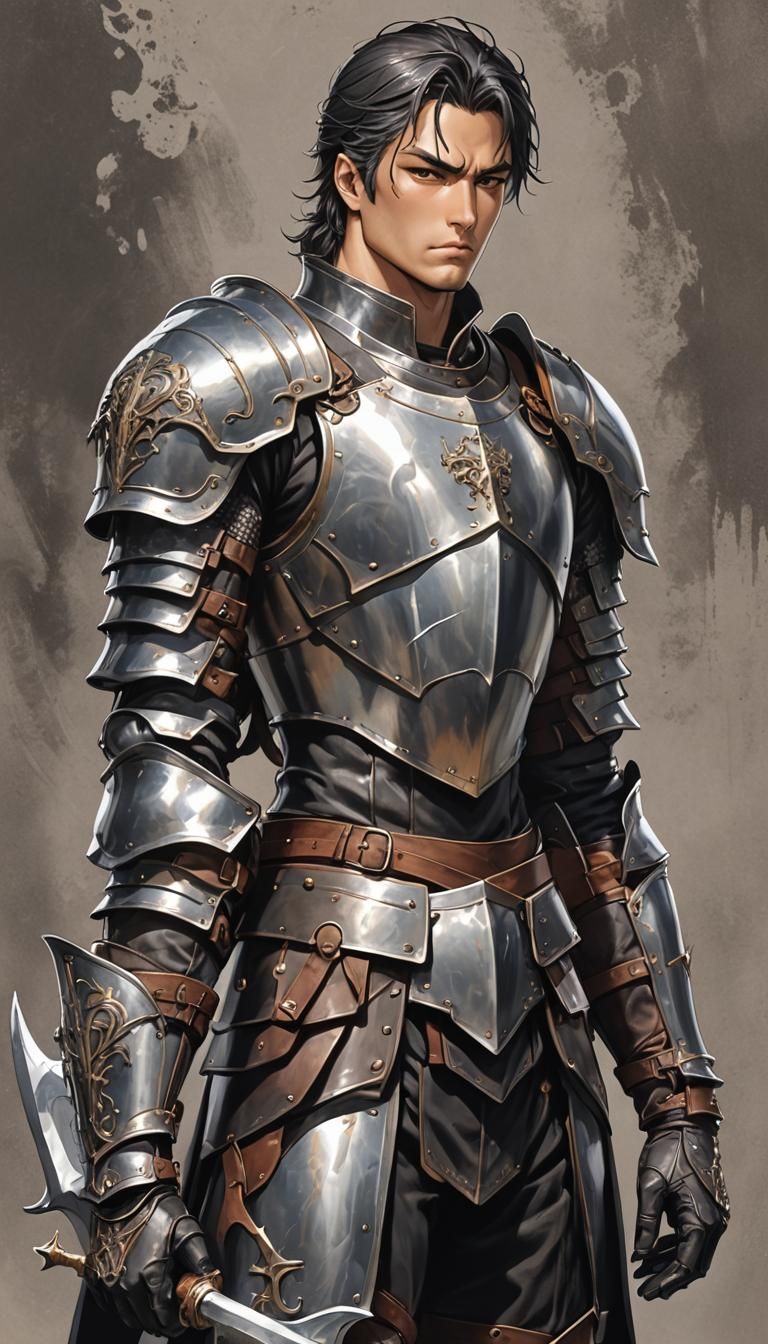 Anime Knight with Trident and Leather Armor
