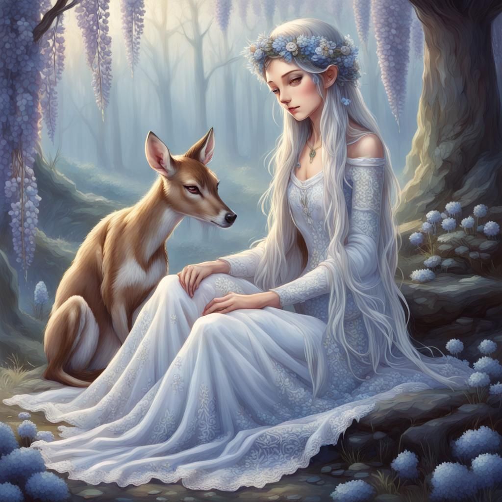 Elven Princess with Fawn in Winter Landscape