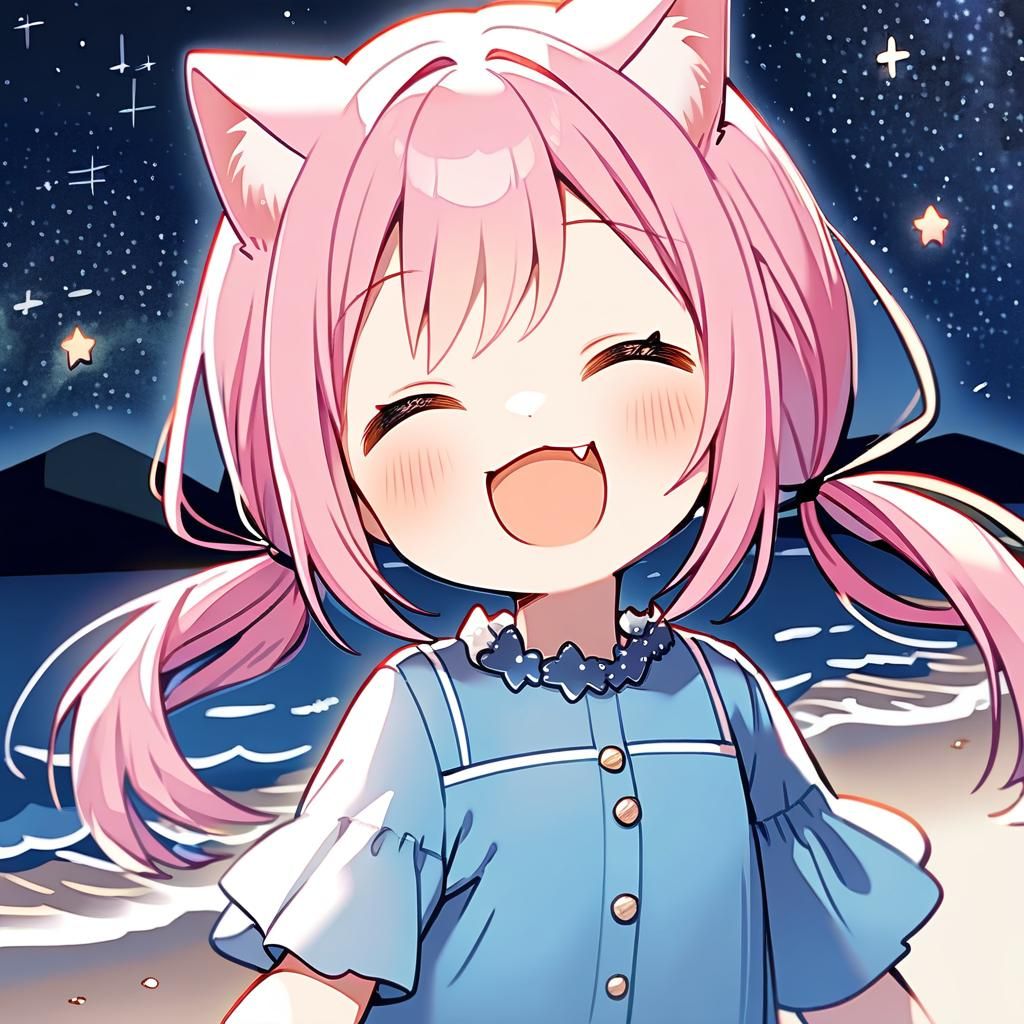 Adorable Catgirl with Pink Hair on Starry Beach