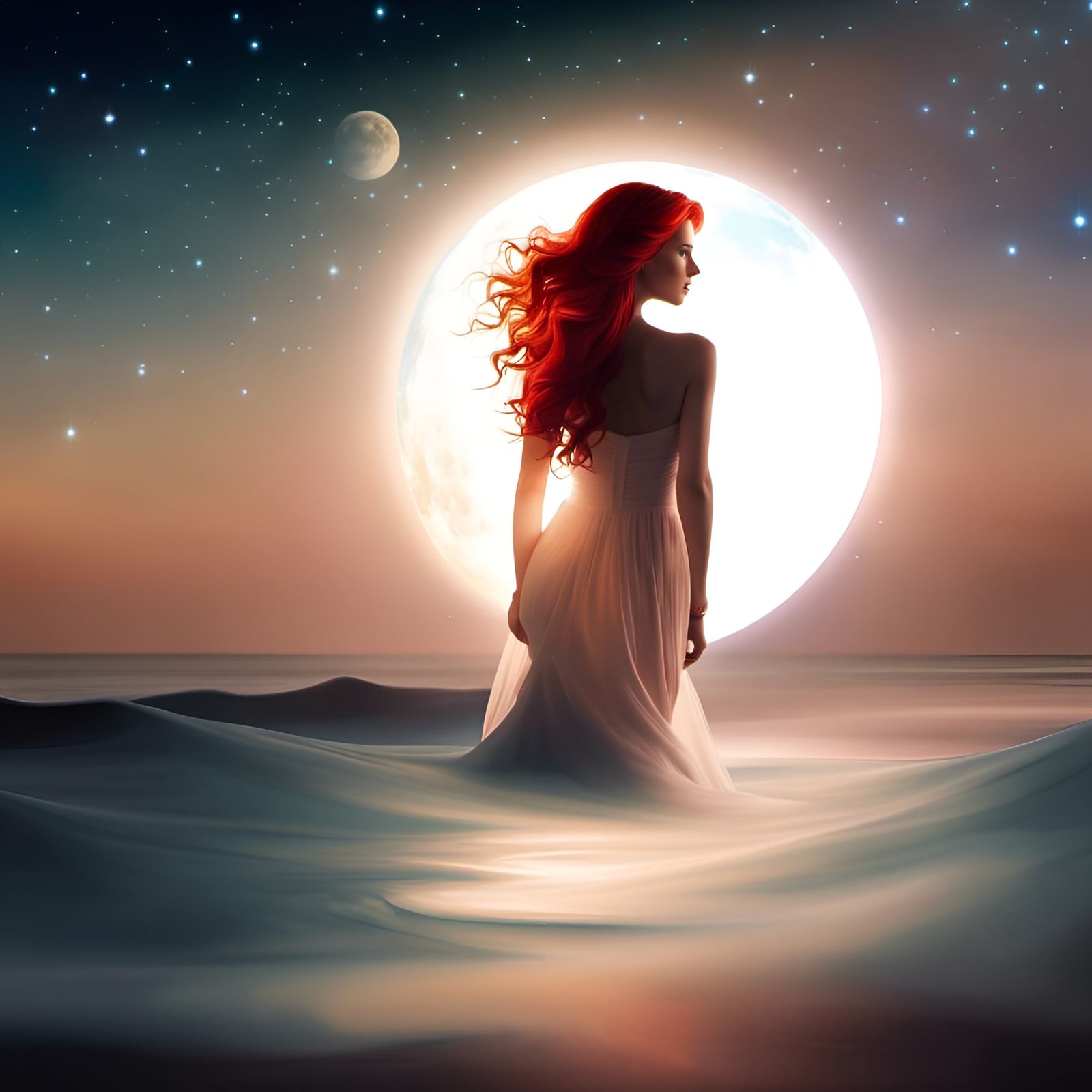 Ethereal Woman Emerges from Moonlit Sea