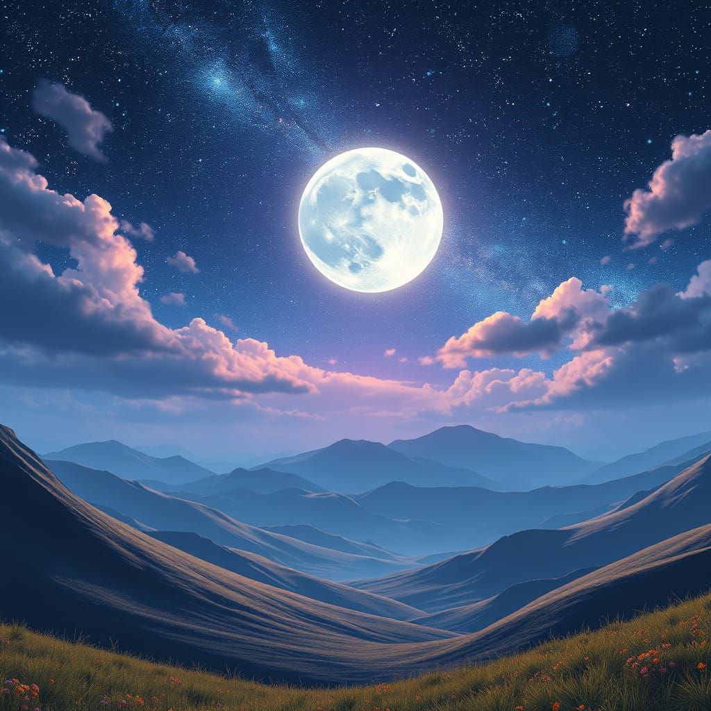 Celestial Night Scene with Radiant Moon and Stars