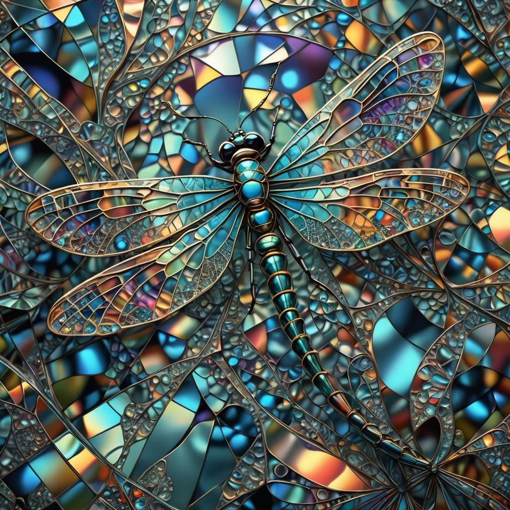 Crystal Dragonfly on Iridescent Glass: Surreal Digital Art