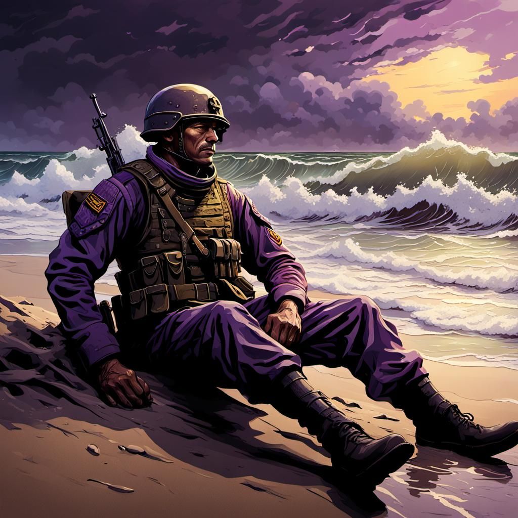 Weary Soldier on Empty Beach: Dark Fantasy Art