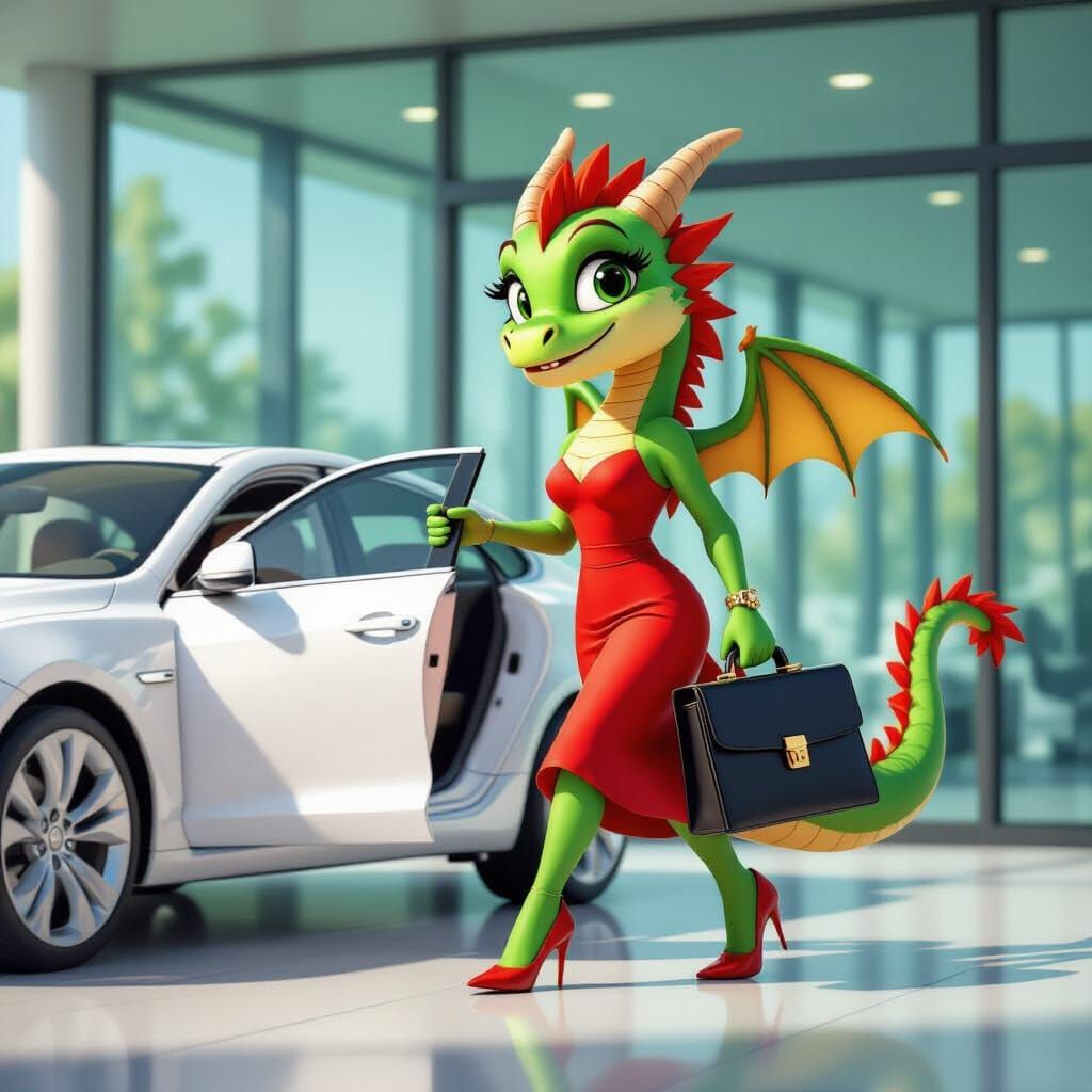 Dragon in Red Dress Enters Office Building with Briefcase