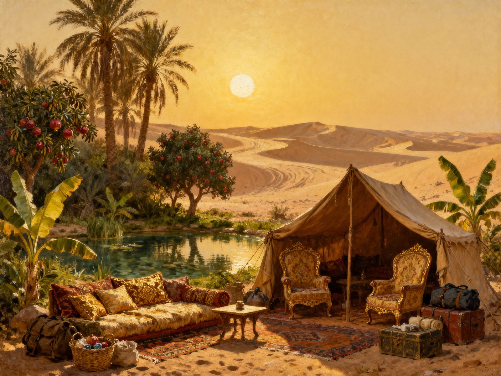 Tranquil Oasis Tent Amidst Desert Sands