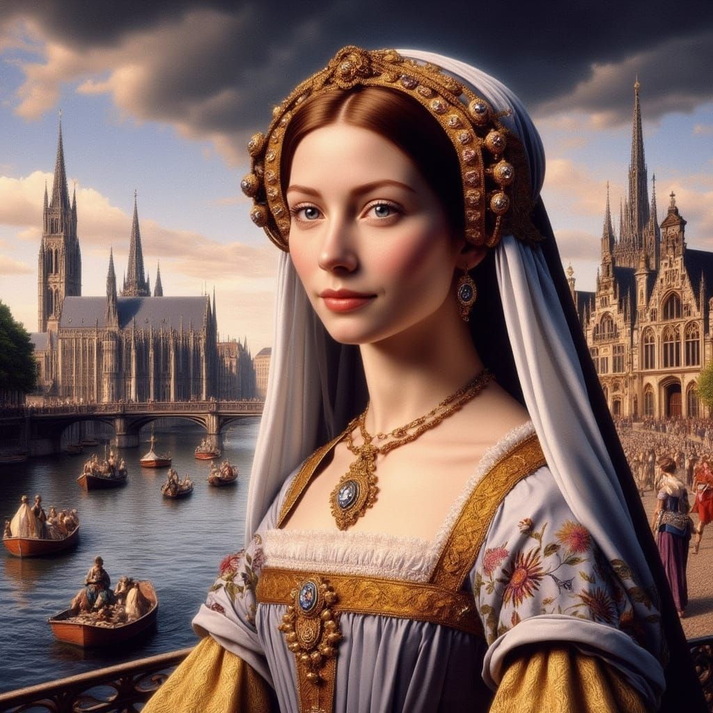 A Renaissance Noblewoman in Elegant Gown, Bruges, 1490