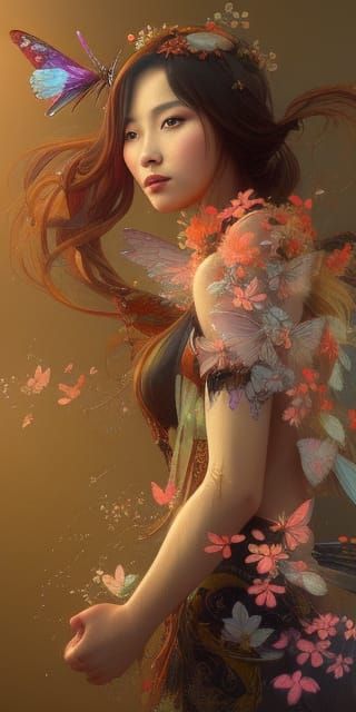 Chinese Fairy Portrait with Birds and Butterflies