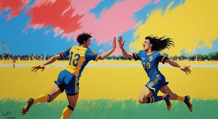 Art by LeRoy Neiman, high five shared between two young soccer players celebrating a goal, vibrant field background, joy...