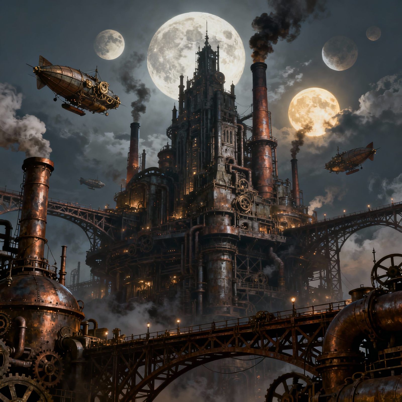 Epic Fantasy Steampunk Cityscape with Multiple Moons