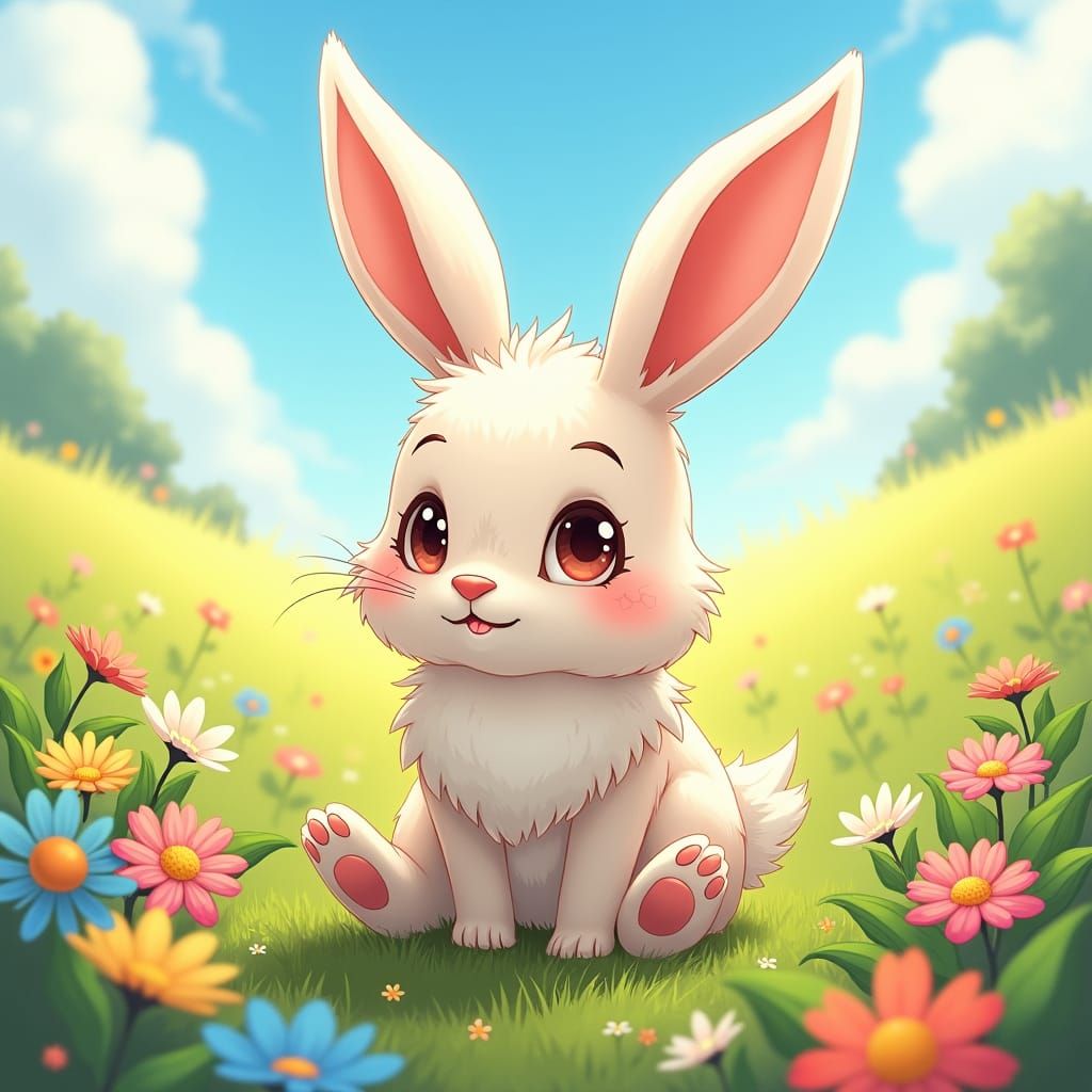 Mischievous Bunny Rabbit in Anime-Inspired Meadow