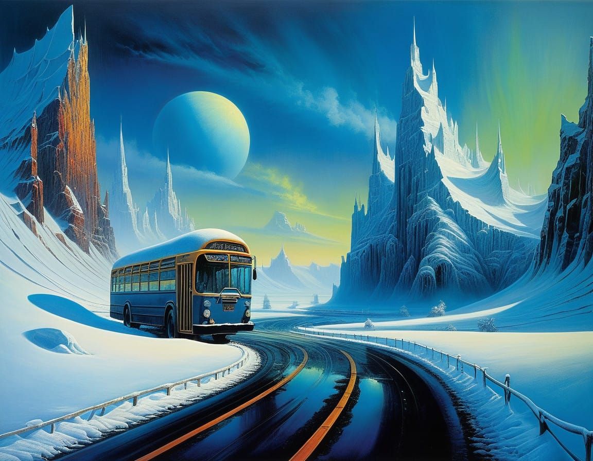 Frozen Bus Speeds Down Snowy Lapland Road in Cosmic Art Styl...