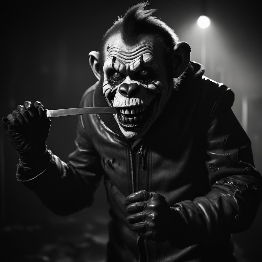 Grinning Zombie Monkey Clown in Noir Style