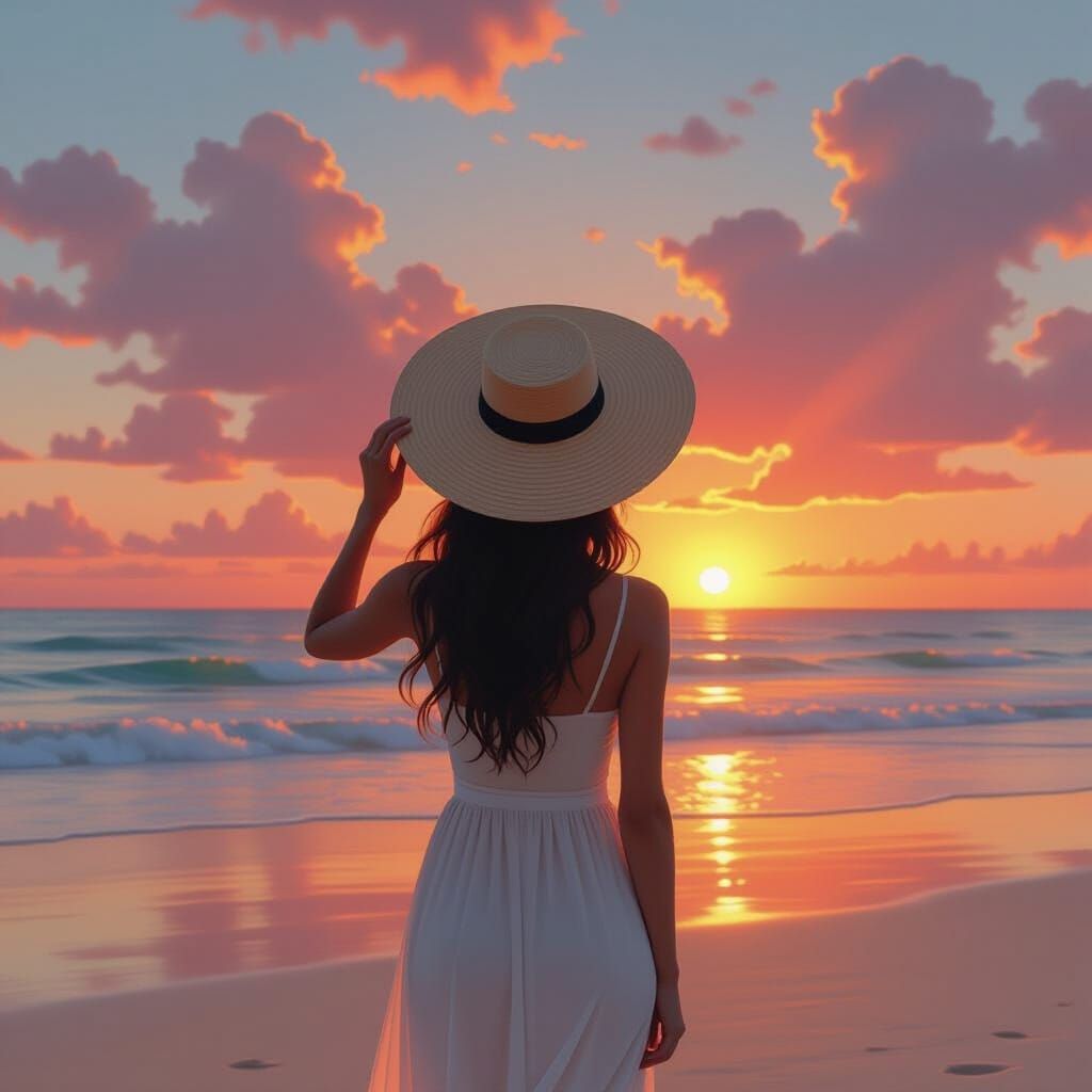 Woman Watching Sunrise on Beach with Straw Hat