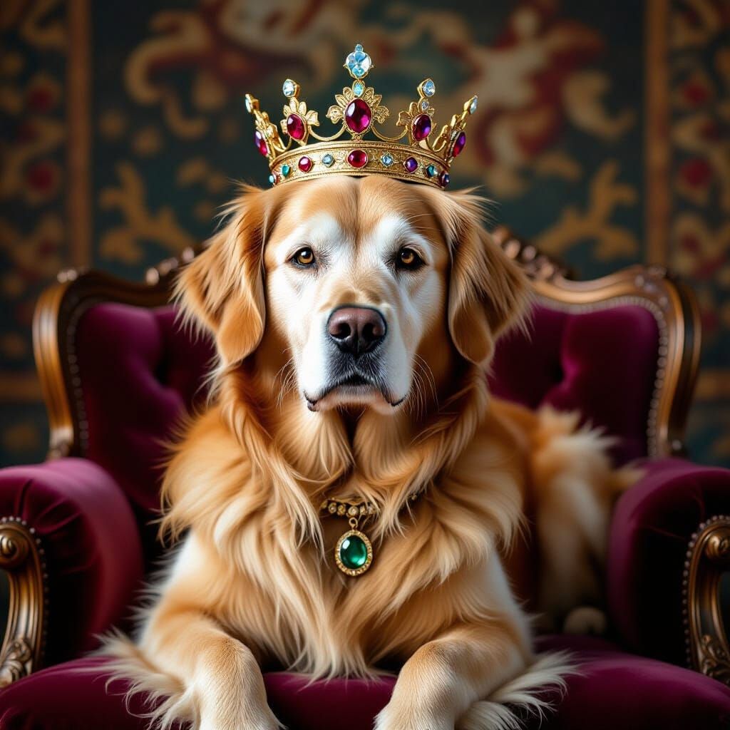 Regal Golden Retriever with Diamond Eyes in Rembrandt Style