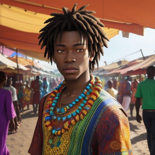 Young Boy in Vibrant Ghanaian Marketplace: Realistic Anime S...