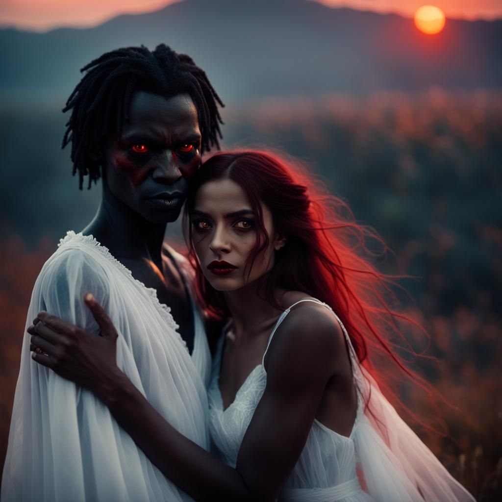 Cinematic Vampire Embrace with Woman in White Dress