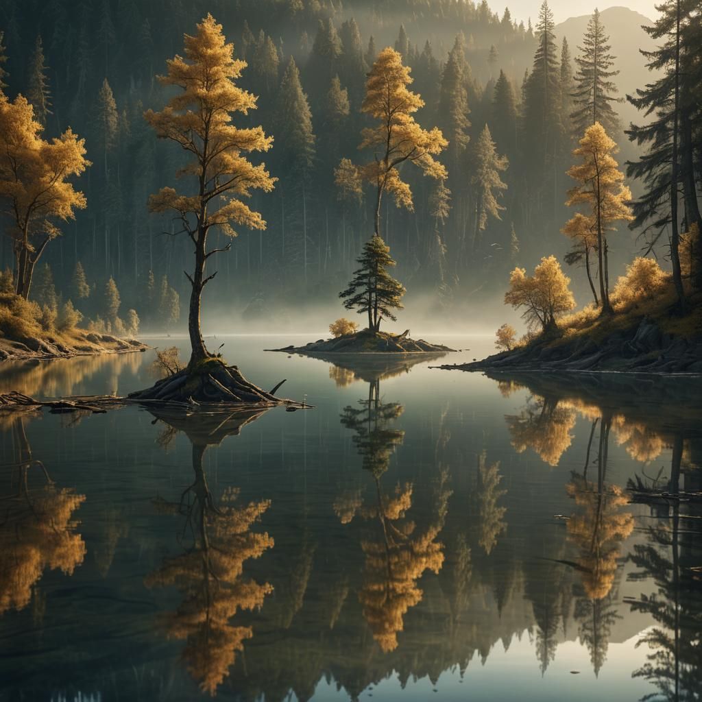 Mystical Forest Reflected in Serene Lake: Fantasy Art