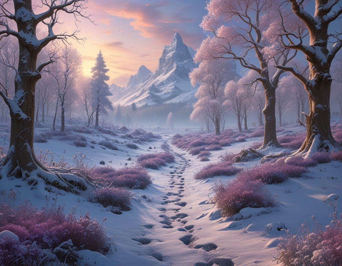 Glistening Winter Wonderland Scene in Vibrant Spectral Hues